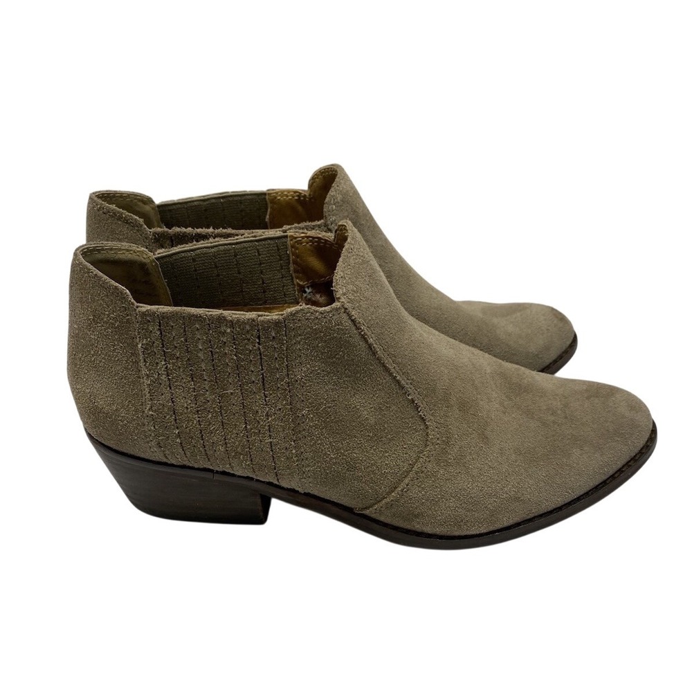 Lucky Brand Suede Ankle Booties Women 8M Taupe Pointed Toe Stacked Block Heel